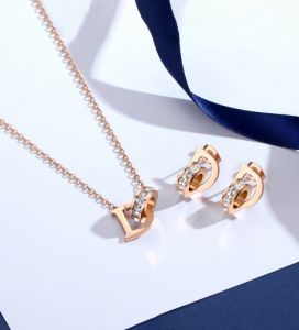 TT4325 - Set titan D lồng khoen đá zircon (dây chuyền,bông tai - vàng/vàng hồng)