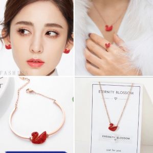 TT5506 - Set titan thiên nga đỏ vàng hồng (bông tai, dây chuyền, lắc tay,nhẫn)