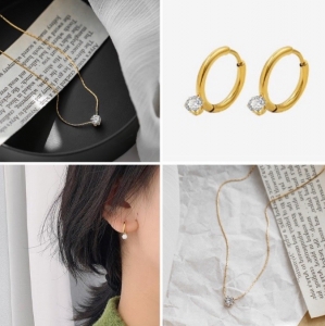 TT6096 - Set titan xoàn nụ (dây chuyền, khoen tròn - màu vàng)