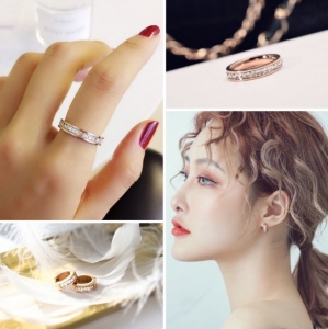 TT6097 - Set titan đá zircon vuông (bông tai, nhẫn - vàng hồng)