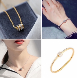 TT6102 - Set titan charm ống viền đá (dây chuyền,vòng tay - trắng/vàng)