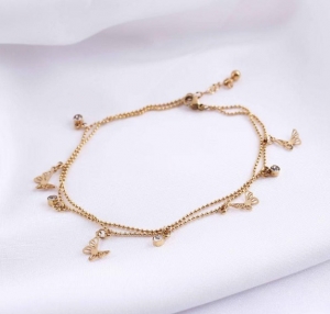 TTN6336 - Lắc chân titan bi dây đôi bướm rỗng (màu vàng)