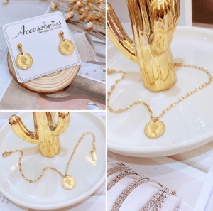 TT6386 - Set titan đồng xu nữ hoàng (lắc tay dây trúc, bông tai - màu vàng)