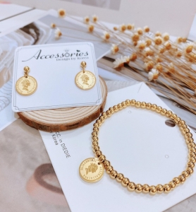 TT6398 - Set titan bi đồng xu nữ hoàng (bông tai, lắc tay - màu vàng)