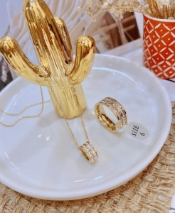 TT6446 - Set titan 2 hàng đá zircon (day chuyền, nhẫn đá kép - màu vàng/vàng hồng)