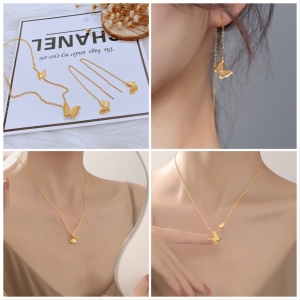 TT6542 - Set titan bướm phun cát (dây chuyền, bông tai xỏ dây - màu vàng)