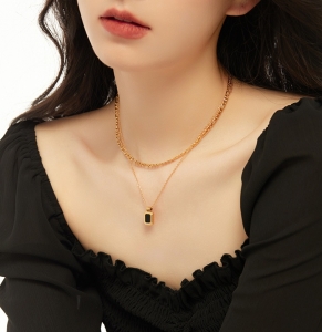 TTN6713 - Dây chuyền titan phối xích layer mặt đen (màu vàng)