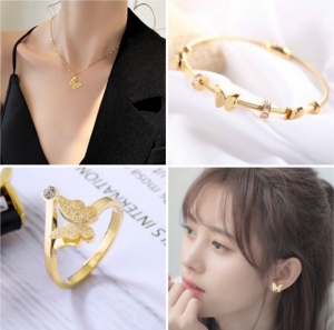 TT6829 - Set titan bướm phun cát (dây chuyền, vòng tay, nhẫn, bông tai - màu vàng)