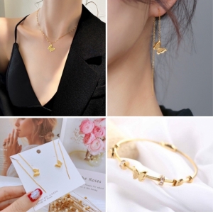 TT6833 - Set titan bướm phun cát (dây chuyền, bông xỏ dây, vòng tay - màu vàng)