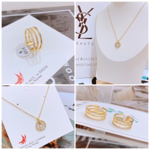 TT7130 - Set titan viền xoàn trắng (dây chuyền, nhẫn - màu vàng)