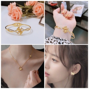 TT7144 - Set titan bướm phun cát (vòng tay, dây chuyền, bông tai - màu vàng)