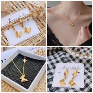 TT7155 - Set titan bướm phun cát (dây chuyền, khoen tròn bướm - màu vàng)