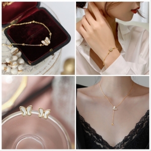 TT7163 - Set titan bướm xà cừ (dây chuyền, lắc tay, bông tai - màu vàng)