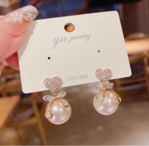 PK5006 - Bông tai tim đá ngọc trai bạc 925 mạ vàng cao cấp