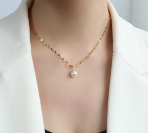 TTN7345 - Dây chuyền titan hạt trai dây trúc (màu vàng)