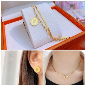 TT7358 - Set titan đồng xu nữ hoàng (lắc tay, bông tai, dây chuyền - màu vàng)