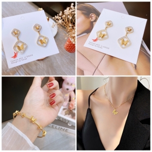 TT7556 - Set titan bướm phun cát (bông tai, vòng tay, dây chuyền - màu vàng)