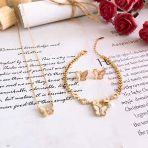 TT7607 - Set titan bướm xà cừ (dây chuyền, bông tai , lắc tay - màu vàng)