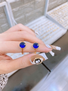 TTN7649 - Nhẫn titan đá xanh coban tròn (màu vàng - free size)