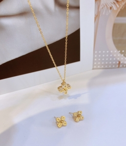 TT8078 - Set titan hoa bọc đá (dây chuyền, bông tai - màu vàng)