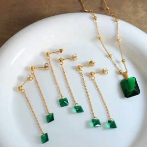 TT8166 - Set titan đá xanh phối bi (bông tai form dài, dây chuyền - màu vàng)
