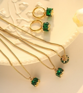 TT8187 - Set titan cầu đá xanh (bông tai & dây chuyền - màu vàng)