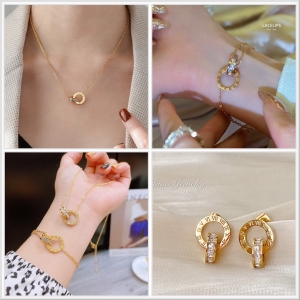 TT8358 - Set titan la mã lồng khoen đá (dây chuyền, lắc tay, bông tai - màu vàng)