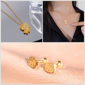 TT8554 - Set titan Hello Kitty (dây chuyền, bông tai - màu vàng)