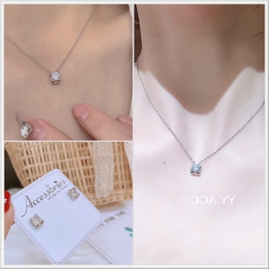 TT8667 - Set titan hạt vuông basic (dây chuyền, bông tai - màu trắng
