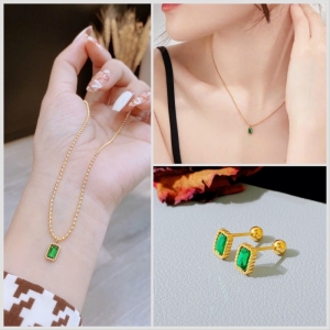 TT8819 - Set titan đá xanh nhí (dây chuyền, bông tai chui bi vặn - màu vàng)