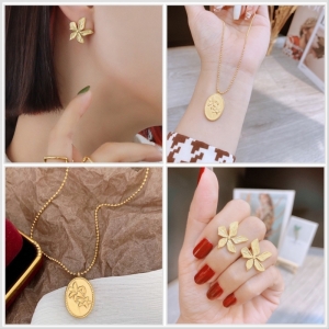 TT8834 - Set titan hoa Vintage (dây chuyền, bông tai - màu vàng)