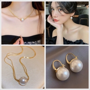 TT8203 - Set titan hạt trai to (dây chuyền, bông tai - màu vàng)