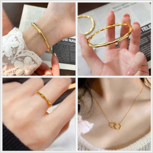 TT9968 - Set titan đốt tre (dây chuyền, vòng tay, nhẫn - màu vàng)