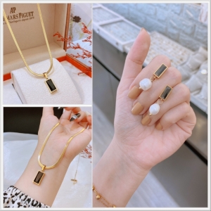 TT9995 - Set titan đá đen (dây chuyền, bông tai trai nước ngọt - màu vàng)