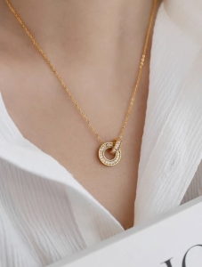 TTN10176 - Dây chuyền titan khoen đá paget lồng nhau (màu vàng)