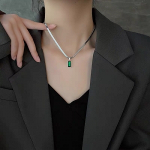 TTC10261 - Dây chuyền titan mì ép mặt đá xanh (màu trắng)