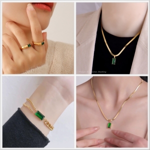 TT10273 - Set titan đá xanh (dây chuyền, lắc tay, nhẫn - màu vàng)