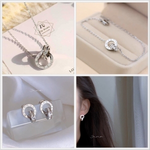 TT10295 - Set titan la mã lồng khoen đá (dây chuyền, lắc tay, bông tai - màu trắng)