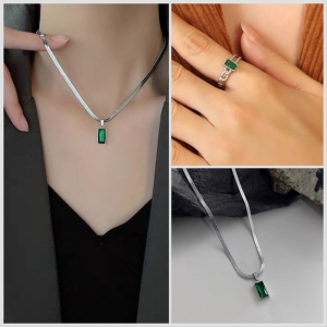 TT10304 - Set titan đá xanh (dây chuyền, nhẫn - màu trắng)