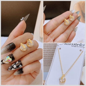 TT10308 - Set titan LOVE kẹp đá (dây chuyền, bông tai - màu vàng)