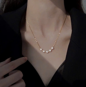 TTC10310 - Dây chuyền titan dây trúc bi phối ngọc trai mini (màu vàng)
