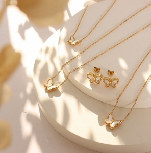 TT10315 - Set titan bướm xà cừ (dây chuyền, bông tai - màu vàng)