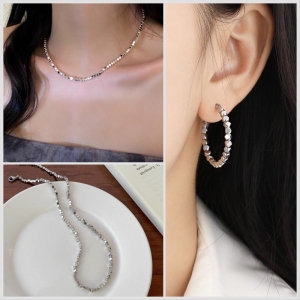 TT10395 - Set titan hạt vuông (dây chuyền, bông tai - màu trắng)