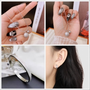 TT10456 - Set titan phun cát (dây chuyền, vòng tay, bông tai - màu trắng)