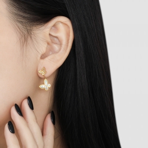 TTN10558 - Bông tai titan bướm 2 tầng chui bi vặn (màu vàng)