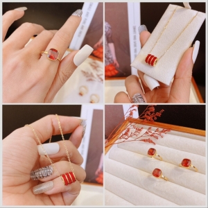 TT10568 - Set titan đá đỏ (dây chuyền, nhẫn - màu vàng)
