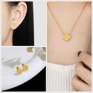 TT10675 - Set titan cỏ 4 lá (dây chuyền, bông tai - màu vàng)