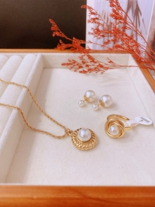 TT10826 - Set titan ngọc trai (dây chuyền, bông tai, nhẫn - màu vàng)