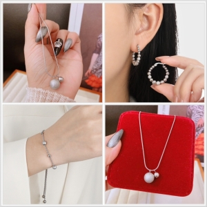 TT10937 - Set titan bi mix bi nhám ( dây chuyền, bông tai, lắc tay - màu trắng)