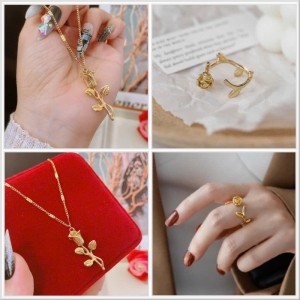 TT10998 - Set titan hoa hồng (dây chuyền, nhẫn - màu vàng)